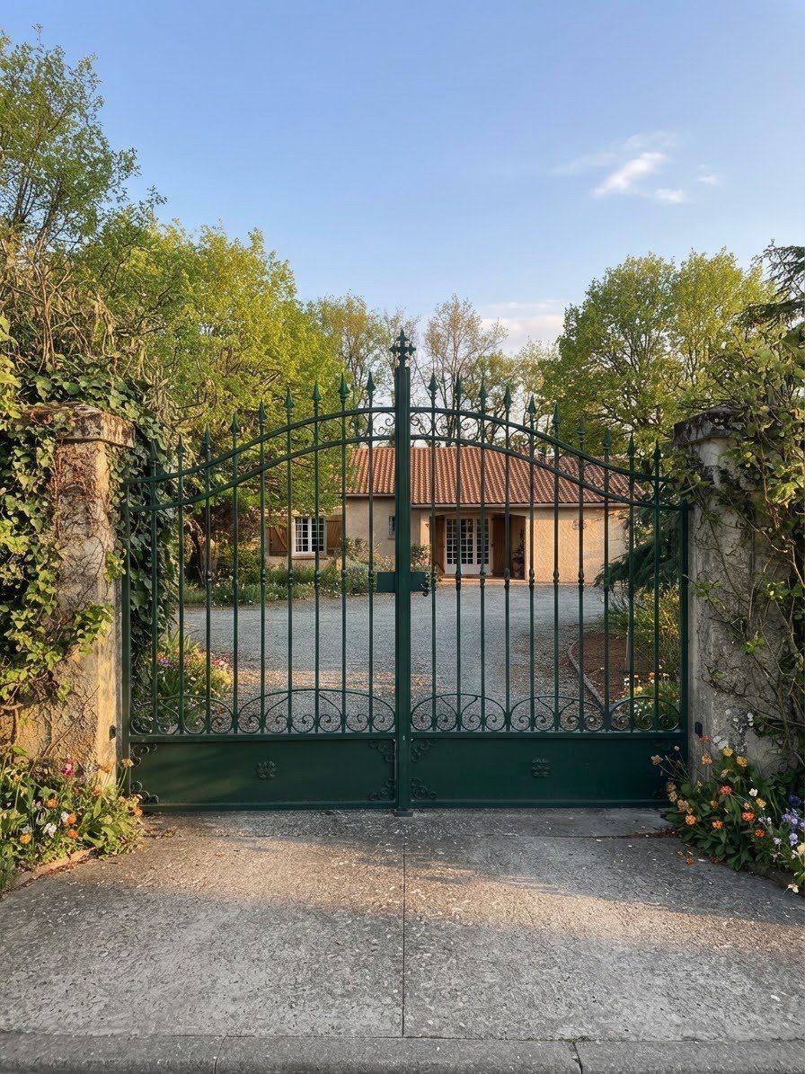 Portail double en acier forgé vert à ligne courbe, pointes de lance et volutes, posé entre deux piliers de pierre devant une maison.